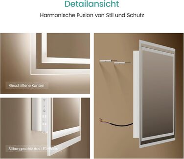 Дзеркало для ванної кімнати EMKE з підсвічуванням 40x60 см LED, антизапар, холодний/теплий білий, з кнопкою, алюмінієва рама, IP44, енергозберігаюче