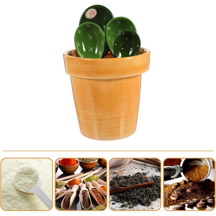 Cabilock Kitchen Measuring Spoon Set Ceramic Cactus Measuring Spoons: 1 Set Cute Measuring Cups and Spoons Porcelain - - Spoon with Holder for Baking Salt Sugar Nuts Dry Ingredients a Kitchen Gadget