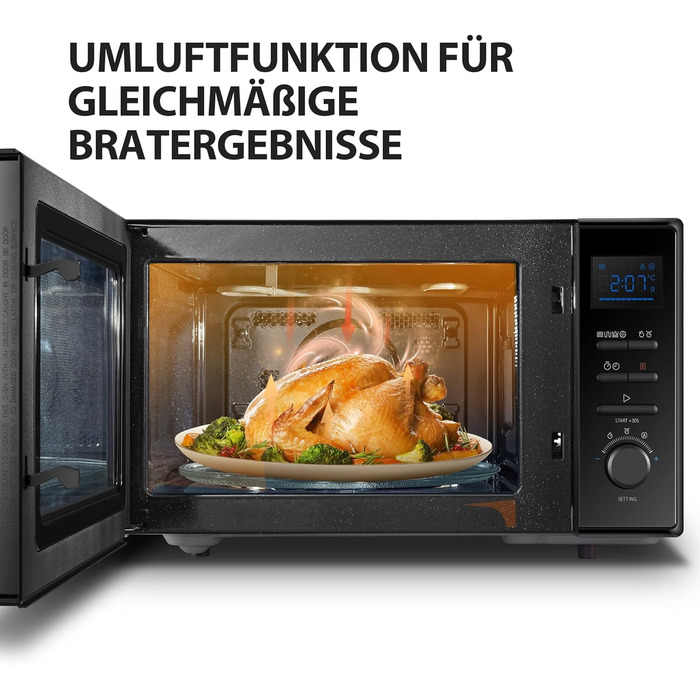 Мікрохвильова піч Toshiba 4-в-1 Freistehend MW2-AC25TF(BK) з конвекцією, грилем та комбінованою функцією, 25л, 900W, 1100W (гриль), 2100W (конвекція), емальоване покриття, пам'ять позиції обертового столу, чорний колір