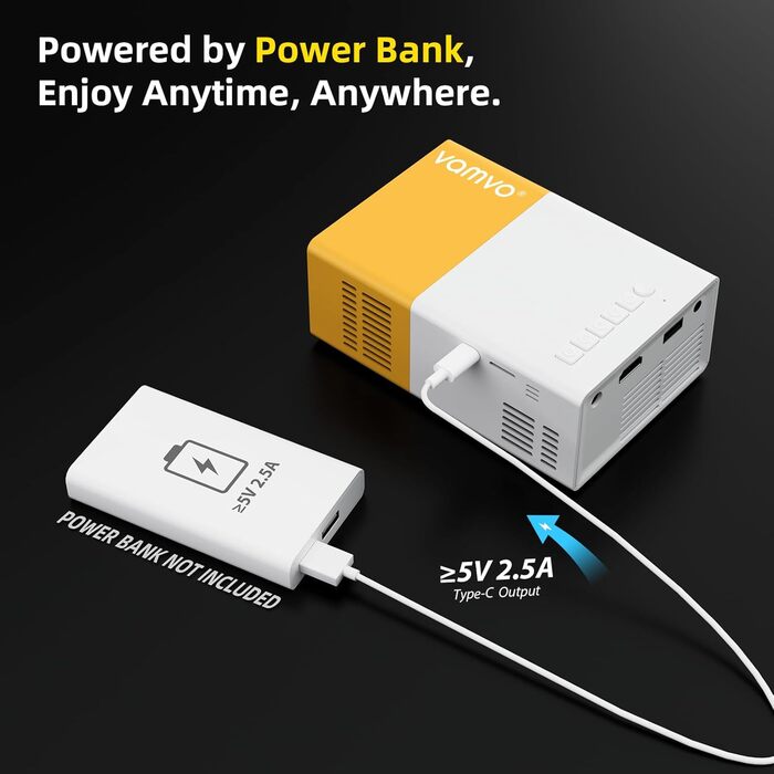 Vamvo Mini Beamer YG300Pro: портативний LED-проектор, Full HD 1080p, Bluetooth 5.4, HDMI/USB, жовто-білий