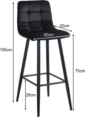 Velvet Bar Stools Set of 2 with Backrest - 66cm Seat Height - Black Kitchen Bar Stools for Countertops