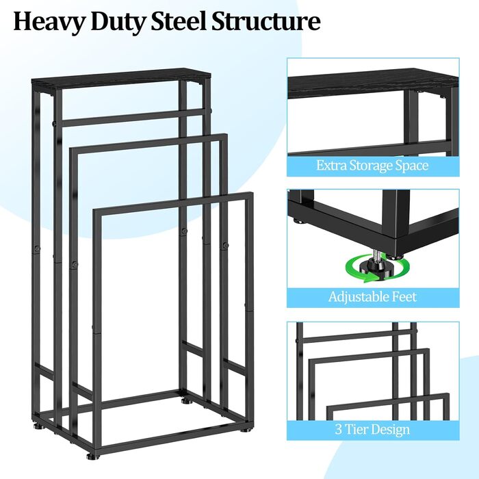 Підставка для рушників стояча, 3-ярусна з полицею з дерева, металева з регульованими ніжками, для ванної кімнати та спальні, 40x30x82 см, чорна