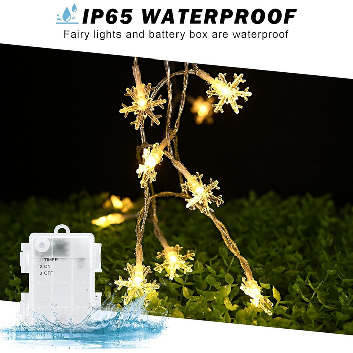 LED гірлянда Шнеєфлоке, 6 м, 40 LED, на батарейках, з таймером, IP65, вологостійка, для декору саду, дому, кемпінгу, Різдва, тепле біле світло