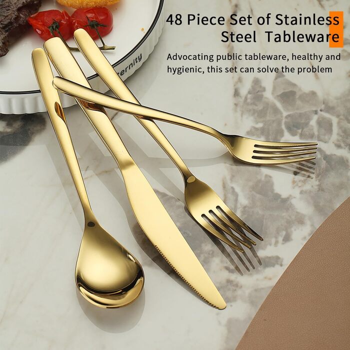 Gold Flatware Set, 48-Piece Service for 12 People, Golden Titanium Stainless Steel Flatware Set, Gold Spoon Fork Knife Set for Home, Wedding, Restaurant, Hotel, Dishwasher-Safe