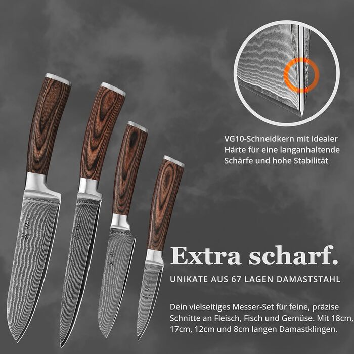 Набір кухонних ножів Wakoli EDIB Damast 4 шт. з 67 шарів дамаської сталі (VG10) з дерев'яною ручкою. Включає: Сантоку, Офісний ніж, Ніж для м'яса. У подарунковій коробці (без гравіювання, без підставки)