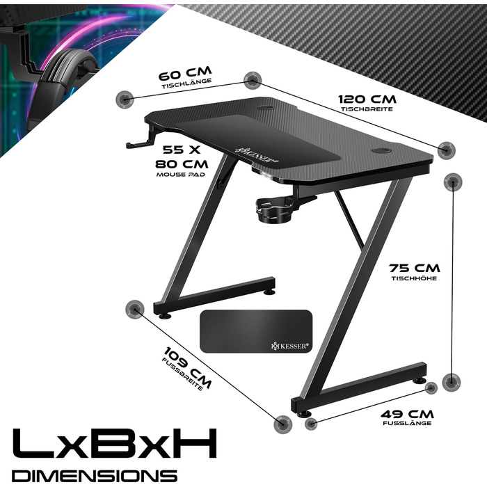 Ігровий стіл KESSER Gaming 120x60 см, Z-подібний ергономічний комп'ютерний стіл з карбоновим покриттям, підставкою для напоїв та гачком для навушників, чорний