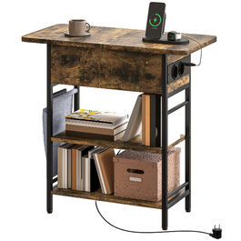 HOMCOM Bedside Table with Power Strip, 2 Tiers, USB Ports, and Storage - Rustic Brown (60 x 29.8 x 58.5 cm)