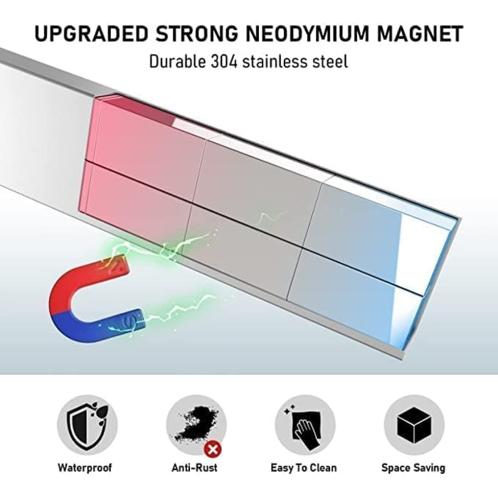 Improved 50cm Trhillsbrad Magnetic Knife Strip, 50cm Magnetic Knife Holder with 3 Hooks Stainless Steel Knife Rail Self-Adhesive, Silver Wall Mount Magnetic Strip No Drilling Knife Holder