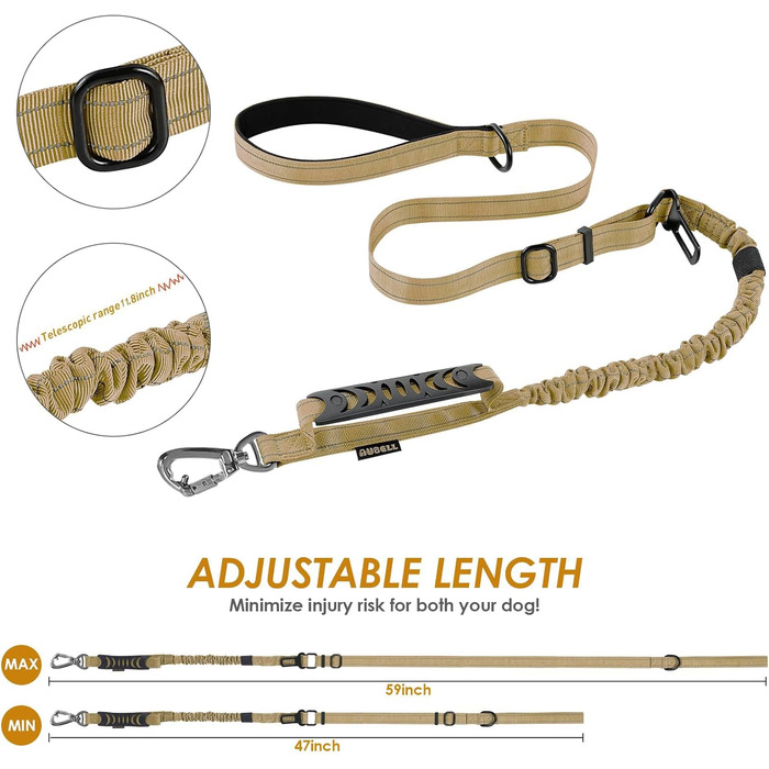 Тактична повідок для собак AUBELL, міцна, світловідбиваюча, без натягу, з амортизатором, для середніх та великих собак, з зручним двошаровим ручним захопленням, автомобільний ремінь безпеки, обертання на 360°, зелений (4-6 футів, коричневий)