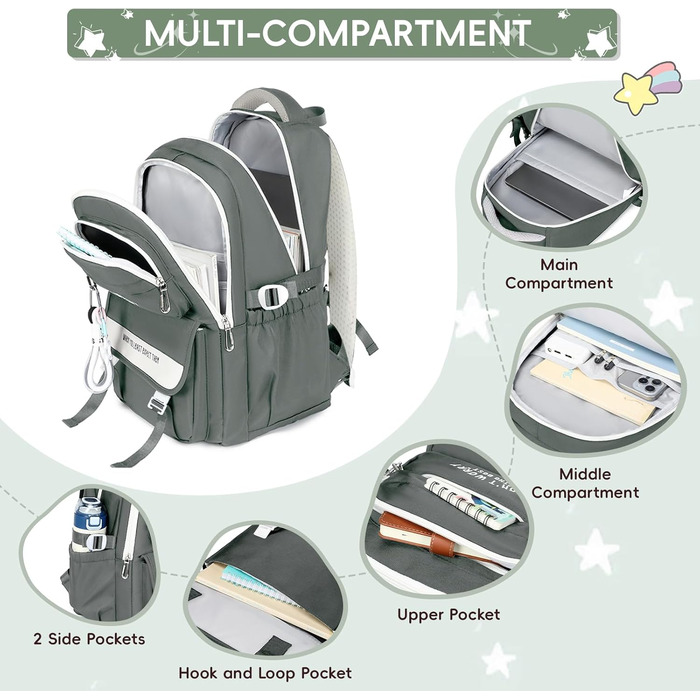 Шкільний рюкзак Tanou для дівчаток, 4-12 клас, водонепроникний, сірий