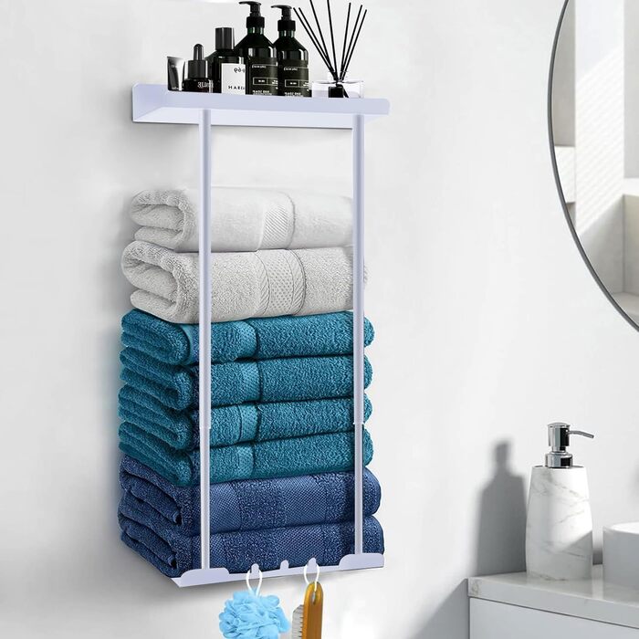 Тримач для рушників без свердління, висувний, з полицею, самоклеючий, для ванної кімнати, 38-75 см, білий