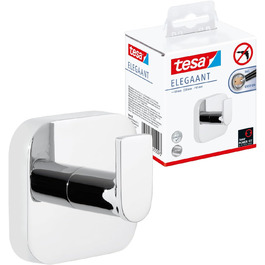 tesa ELEGAANT Towel Hook, Chrome - Bathroom Hook for Wall Mounting without Drilling, including Adhesive Solution - 50 mm x 50 mm x 41 mm