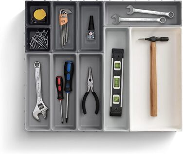 Joseph Joseph Blox 10-Piece Kitchen Utensil, Stationery & Tool Modular Drawer Organizer Set, Grey