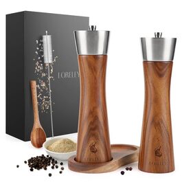 Мельниця для солі та перцю LORELEY® Mittelrhein Germany з дерев'яним корпусом та керамічним механізмом – з підставкою та пензлем – подарункова упаковка | Подарунок на весілля/новосілля (преміум нержавіюча сталь)