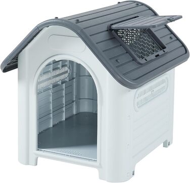 Будка для собак на вулицю Bello - вологостійка годівниця для собак з дахом та вентиляційними отворами, 87 x 72 x 75 см, пластикова, білий/сірий колір