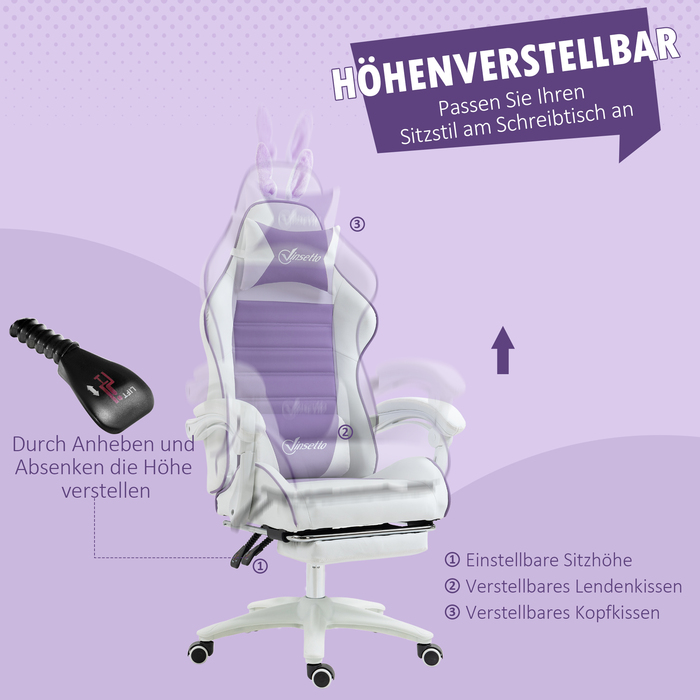 Ігрове крісло Vinsetto Ergonomic Gaming Chair з підтримкою попереку, підставкою для ніг, ігровий диван з вушками, подушкою для голови, офісне крісло з регульованою спинкою та функцією відкидання, фіолетовий | Aosom