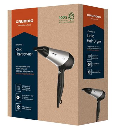 Фен GRUNDIG HD 6080 B 2200 Вт з іонізацією, керамічним покриттям та 3 режимами температури, чорний/срібний (2023)
