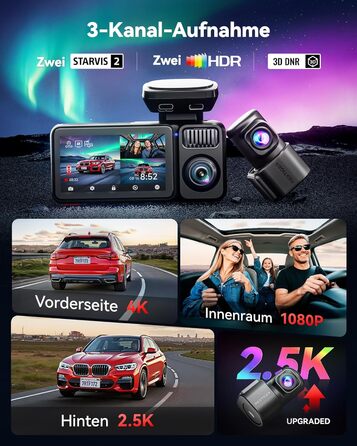Автомобільний 3-канальний відеореєстратор REDTIGER F17 Elite 4K з картой 128ГБ, STARVIS 2 IMX678, WiFi 6, GPS, HDR та нічним режимом (передній, задній та салонний)