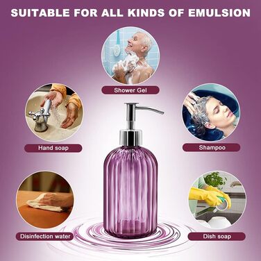 Набір з 2 скляних дозаторів для мила з помпою, 400 мл, для мила, шампуню, лосьйону, багаторазові, для кухні, ванної, пральні (фіолетовий)