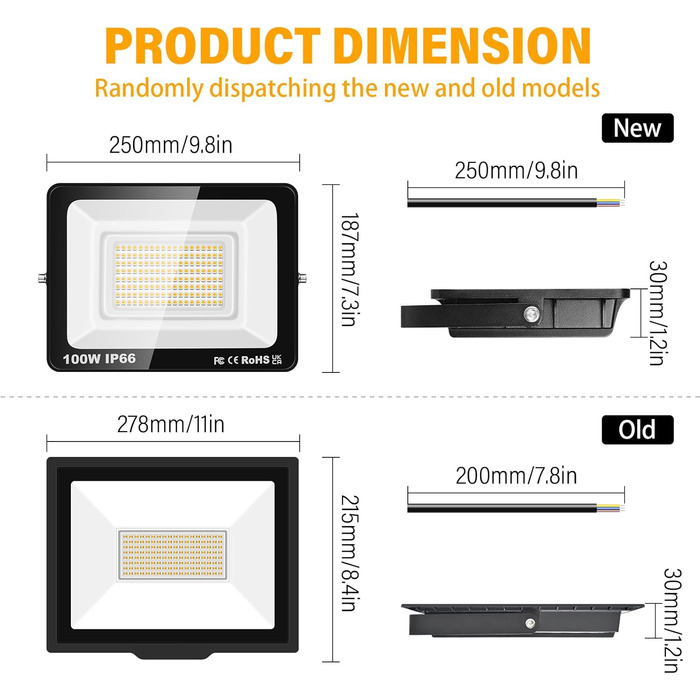 RIGIDON 2x 75W LED Floodlights Outdoor, 7500LM Outdoor Spotlight, 3000K Warm White IP66 Waterproof LED Floodlight, Outdoor Lamp for Garden, Courtyards, Garage, Hotel, Sports Field, Workshop (1 x 100W)