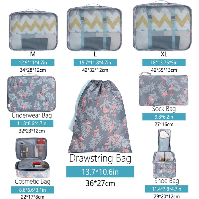 Набір органайзерів для валізи BAGAIL (8 шт.) - Кубики для пакування, набір для подорожей, колір: фламінго