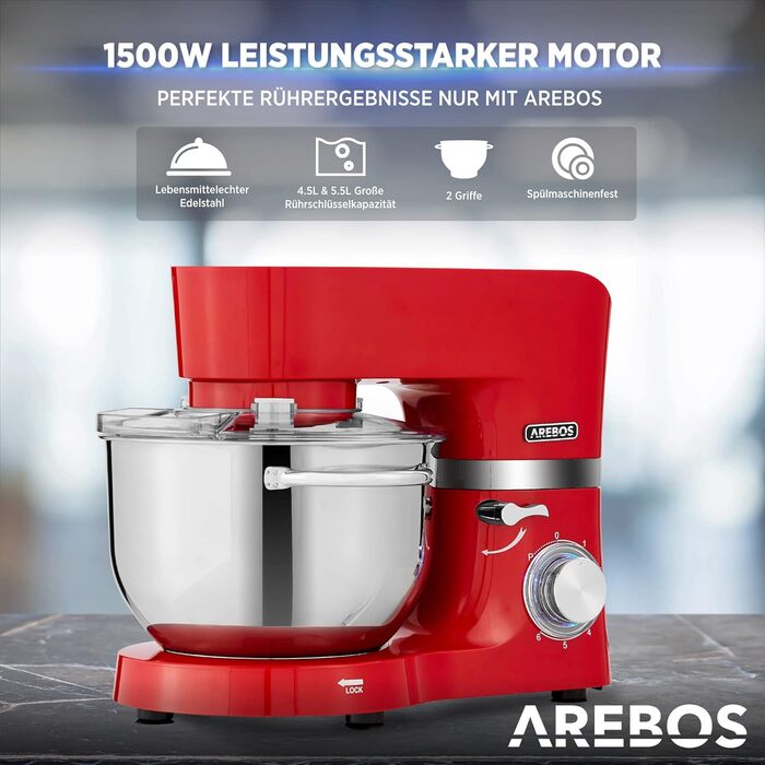 Кухонна машина Arebos 1500W з двома чашами з нержавіючої сталі 4.5 та 5.5L, 6 швидкостей | Міксер з набором насадок (крюк для тіста, міксер, вінчик) та захистом від бризок