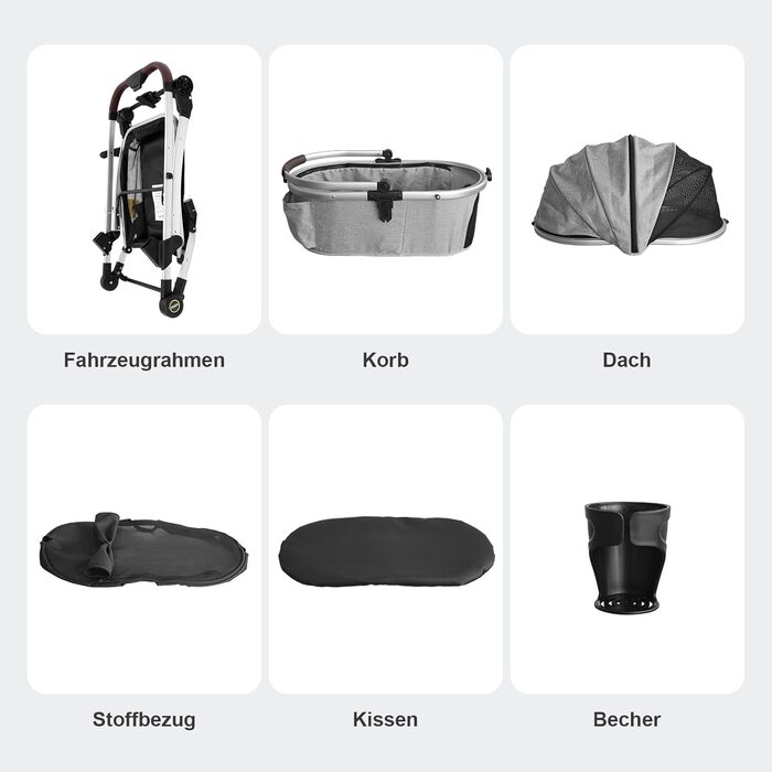 Візок для собак, складаний, до 25 кг, сірий. Алюмінієвий каркас, поворотні колеса, гальма, страхувальний ремінь, м'яке сидіння