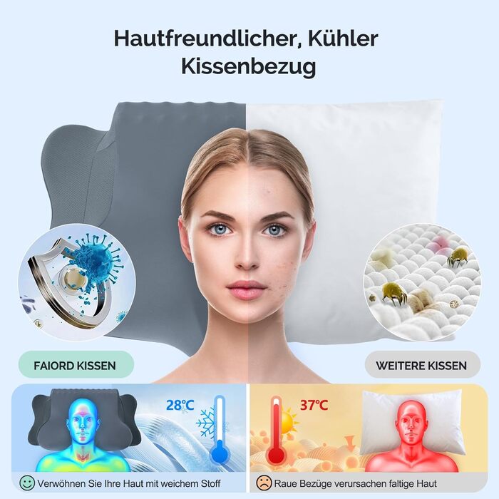 Подушка для шиї FAIORD, подушка з піною з пам'яті, ергономічна подушка для сну, подушка для підтримки шиї для тих, хто спить на боці, спині та животі, темно-сіра, 64 x 39 x 13 см