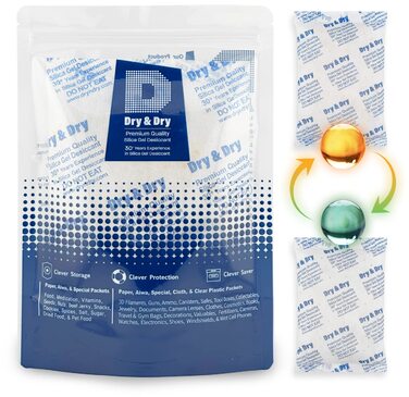 Dry & Dry 500 g [5 Pack] Food-grade orange indicator (Orange to Dark Green) mixed silica gel packets dehumidifier – rechargeable silica gel packet moisture absorber