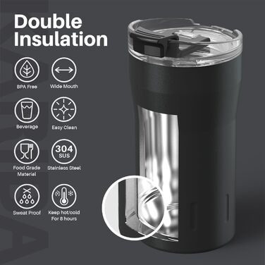 Термокружка SANTECO з нержавіючої сталі 18/8, подвійні стінки, ізольована, 350 мл, темно-зелена, з прозорою кришкою, BPA-free, витримує до 6 годин тепла, 100% без витоку