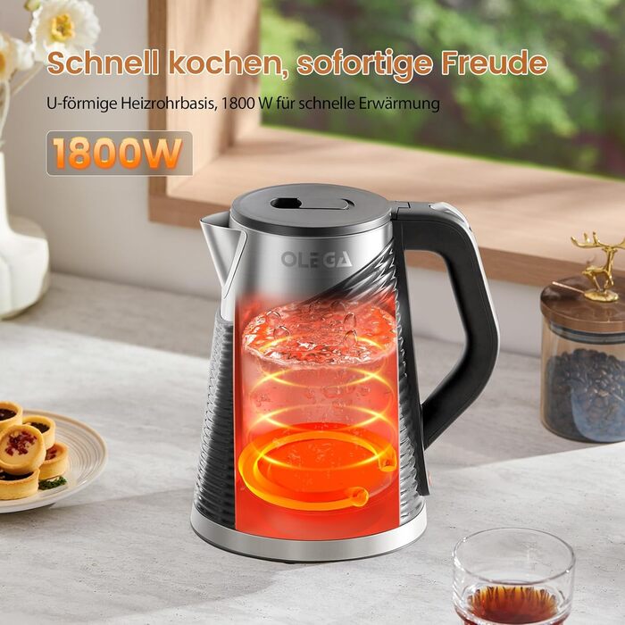 Електричний чайник OLEGA 1.8 л, 1800 Вт, швидкий нагрів, чорний, BPA Free