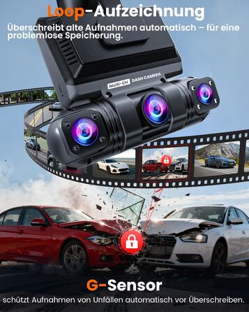 Автомобільний відеореєстратор 360° 4-канальний 2K+1080P, бездротовий з Wi-Fi та додатком, G-сенсором, 8 ІЧ-LED для нічної зйомки, карта пам'яті 128GB у комплекті