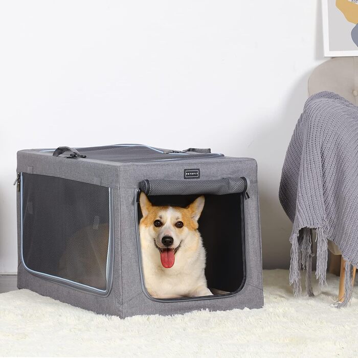 Клітка для собак Petsfit, сіра, розкладні, для дому та транспортування, розмір L (76x50x49 см), з м'якою підстилкою та міцними сітчастими вікнами