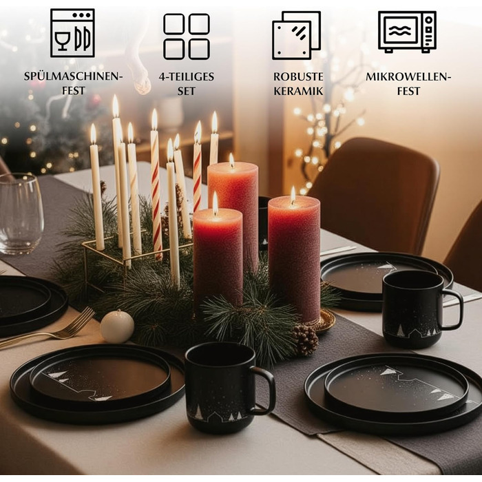 Набір з 4 чашок MIAMIO для святкування Різдва, 500 мл, чорний колір / Кавові чашки на Різдво, мінімалістичний зимовий мотив, подарунок на Різдво, безпечні для миття в посудомийній машині та використання в мікрохвильовій печі – Vinter Collection