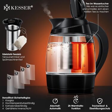 Електричний чайник KESSER 1,8 л зі сталі та скла з LED підсвічуванням, зміною кольору за температурою (60–100°C), ситечком для чаю, фільтром від накипу, функцією підтримки тепла, чорний