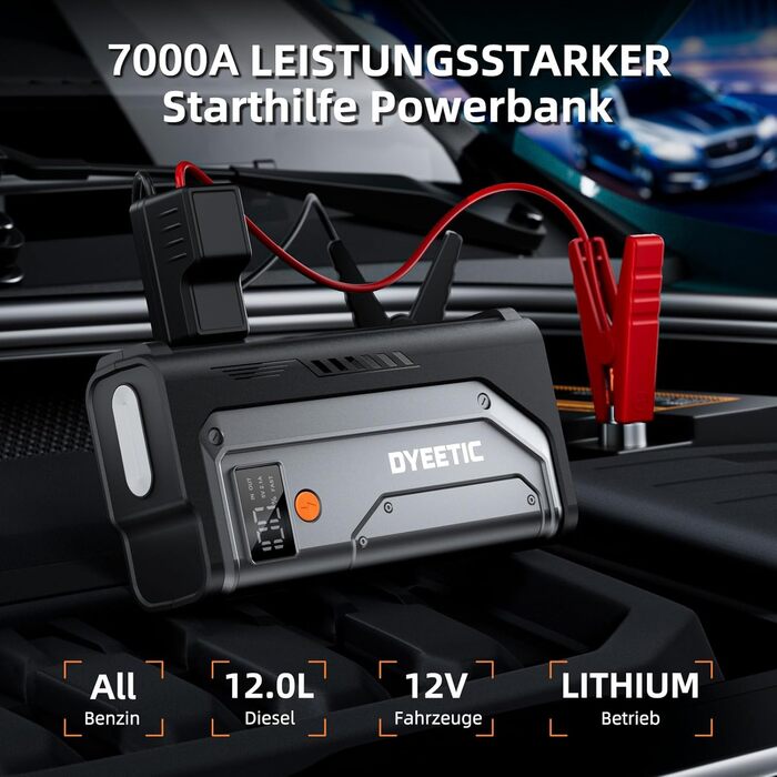 Powerbank Starthilfe 7000A: портативний пусковий пристрій для авто 12V (бензин, дизель до 12.0L), з LED ліхтариком та USB зарядкою, сріблястий