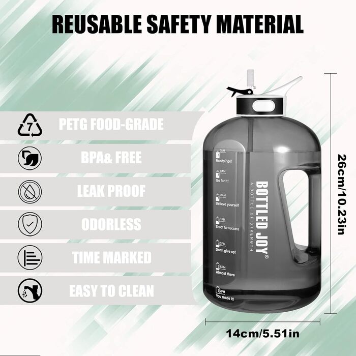 Water bottle with straw, 1 Gallon / 3.5L BPA-Free Leak-Proof Plastic Sports Bottle, Water Bottle with Time Markers, Drinking Bottle for Fitness, Office, Outdoor, Home (Black, 2500 ml)