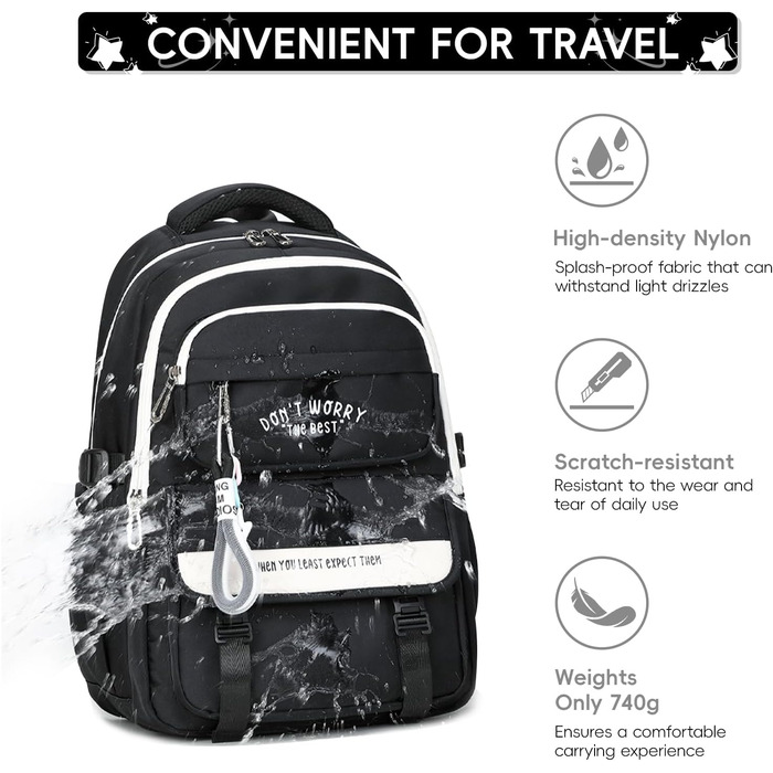 Шкільний рюкзак Tanou для підлітків, рюкзак для школи, великий шкільний ранець для дівчаток 4-12 класів, водонепроникний, зручний денний рюкзак для початкової, середньої та вищої школи (Чорний)