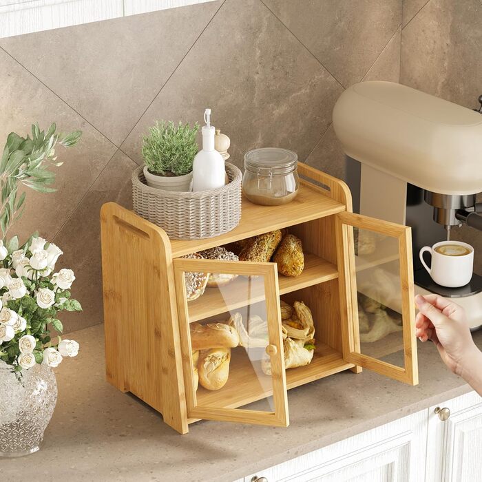 AMBIRD Бак для хліба з бамбука 20л - велика місткість з прозорими акриловими дверцятами, подвійне зберігання з вентиляцією та бічними ручками - зберігає хліб свіжим та організовує кухонний простір, CBBNA002EUAM13