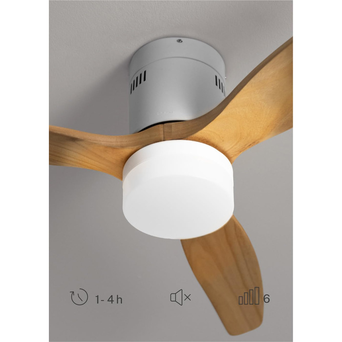 Вентилятор стельовий WINDCALM ABS білий з пультом, 40W, Ø132cm, 6 швидкостей, таймер, DC-двигун, літньо-зимовий режим, з підсвічуванням, колір світлого дерева
