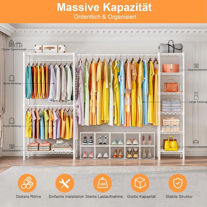 Розширюваний вішак для одягу, металевий гардеробний стійка з регульованими полицями (білий)