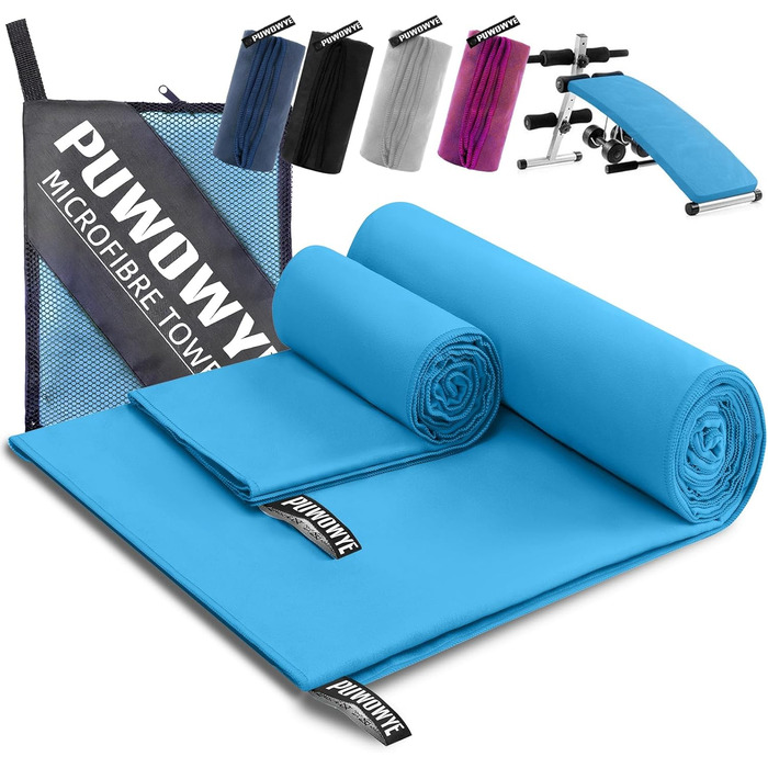 Набір рушників з мікрофібри PUWOWYE (2 шт.): великий (160x80 см) + маленький (80x40 см), швидковисихаючі, для спорту, фітнесу, сауни, пляжу, подорожей та відпочинку на природі (ясний блакитний)