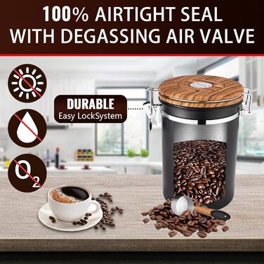 Контейнер для кавових зерен Royouzi з нержавіючої сталі 304 з випускним клапаном, багаторазовий контейнер для зберігання з мірною ложкою, багатофункціональне герметичне скло для дому та офісу (чорний)
