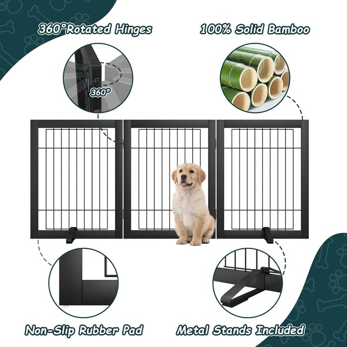 Бамбуковий захисний забір для тварин Semiocthome (2 панелі, 61 см), для дому, для собак та котів, безпечний, чорний