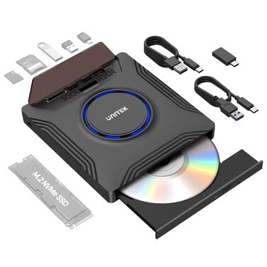 Зовнішній CD/DVD привід UNITEK USB-C, портативний DVD-плеєр з картридером SD, USB 3.0 Hub та CD-ROM записником для ноутбуків, ПК, Windows, Linux, macOS (чорний)