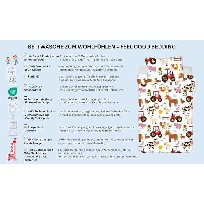 Комплект постільної білизни для дитячого ліжечка: простирадло 100x135 см та наволочка 40x60 см з бавовни, сертифікат Öko-Tex Standard, для хлопчиків та дівчаток (фермерський дизайн)