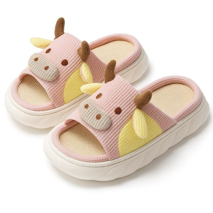 Corimori Кухонні тапочки - М'які тапки у вигляді корівки - Веселі плюшеві сліпони, розмір 34-44, рожеві (34/35 EU, вафлі)