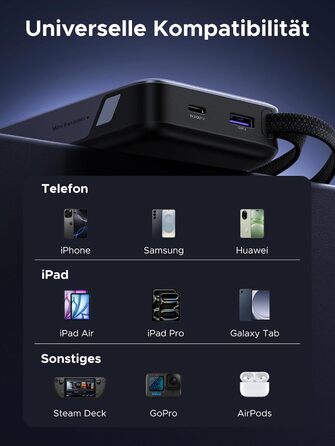 Power Bank UGREEN 20000mAh 45W з USB-C кабелем та швидкою зарядкою PD, сумісний з iPhone, iPad, Samsung Galaxy, ноутбуками