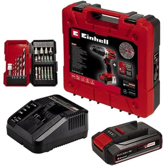 Акумуляторний ударний дриль-шуруповерт Einhell TE-CD 18/2 Li-i +22 (Power X-Change, 18 В, 44 Нм, 2 швидкості, 2.5Ah, з кейсом, набором біт)