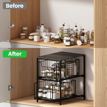 Meltrck Spice Rack and Kitchen Organizer, 2-Tier Pull-Out Kitchen Organizer, Metal and Wood Composite for Kitchen, Countertop, Pantry, and Dining Room (Black)
